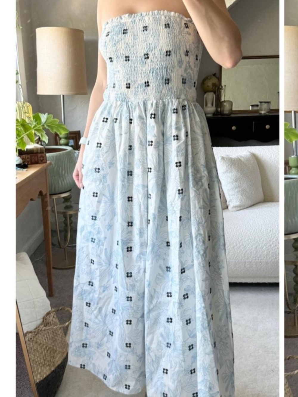 Blue & White Floral Smocked Strapless Maxi Dress
